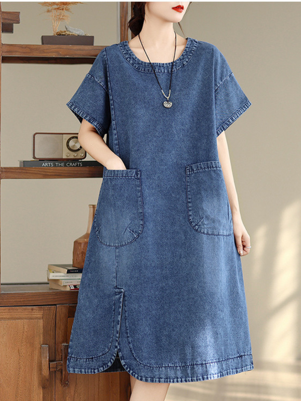 Relaxed Curved-Hem Denim Dress with Patch Pockets in Cotton A-Line