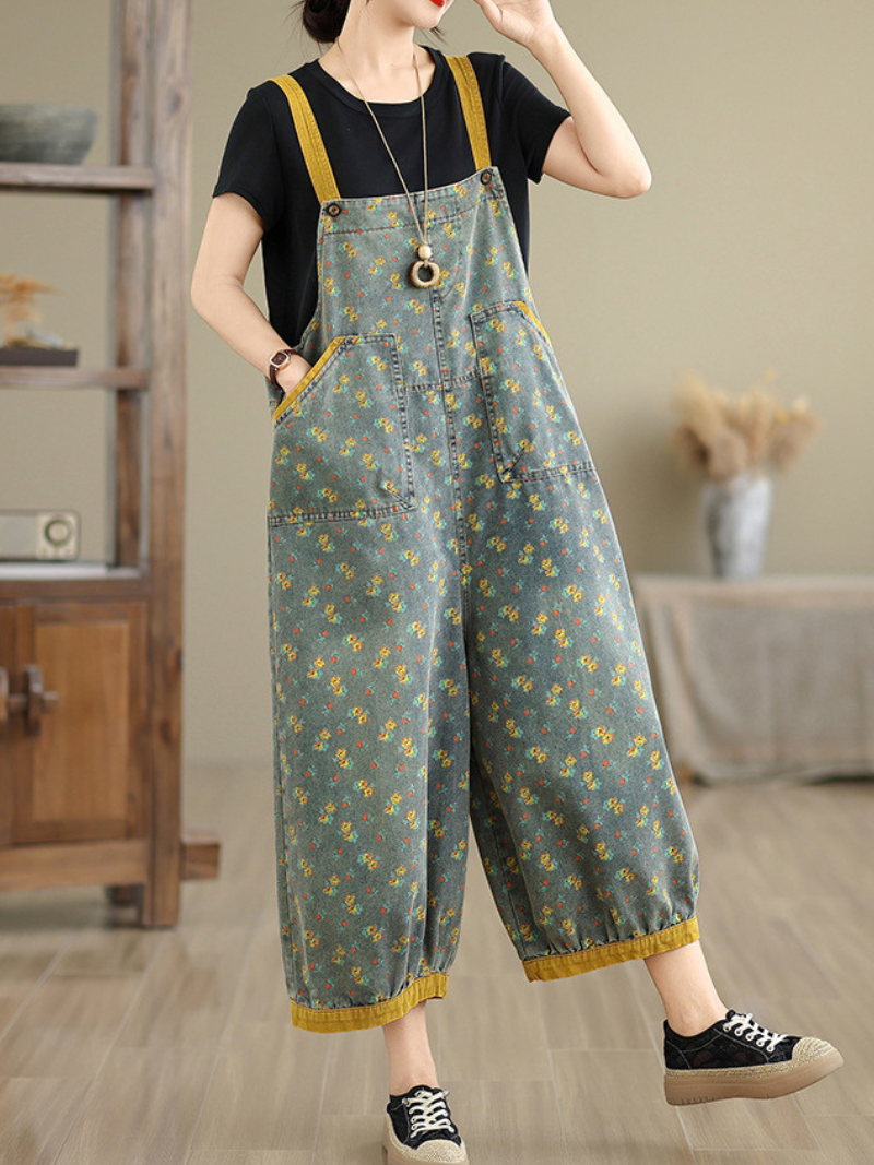 Artful Floral Denim Cotton Overalls Jumpsuit with Relaxed Balloon Legs