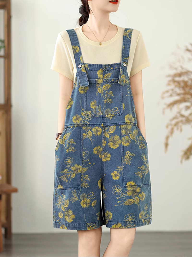 Women's Summer Cool Strap Button Up Printed  Overall Dungaree