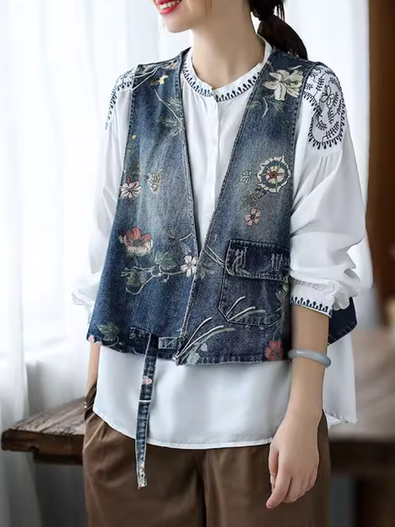 Women's Delightful Printed Sleeveless Artistic Jacket