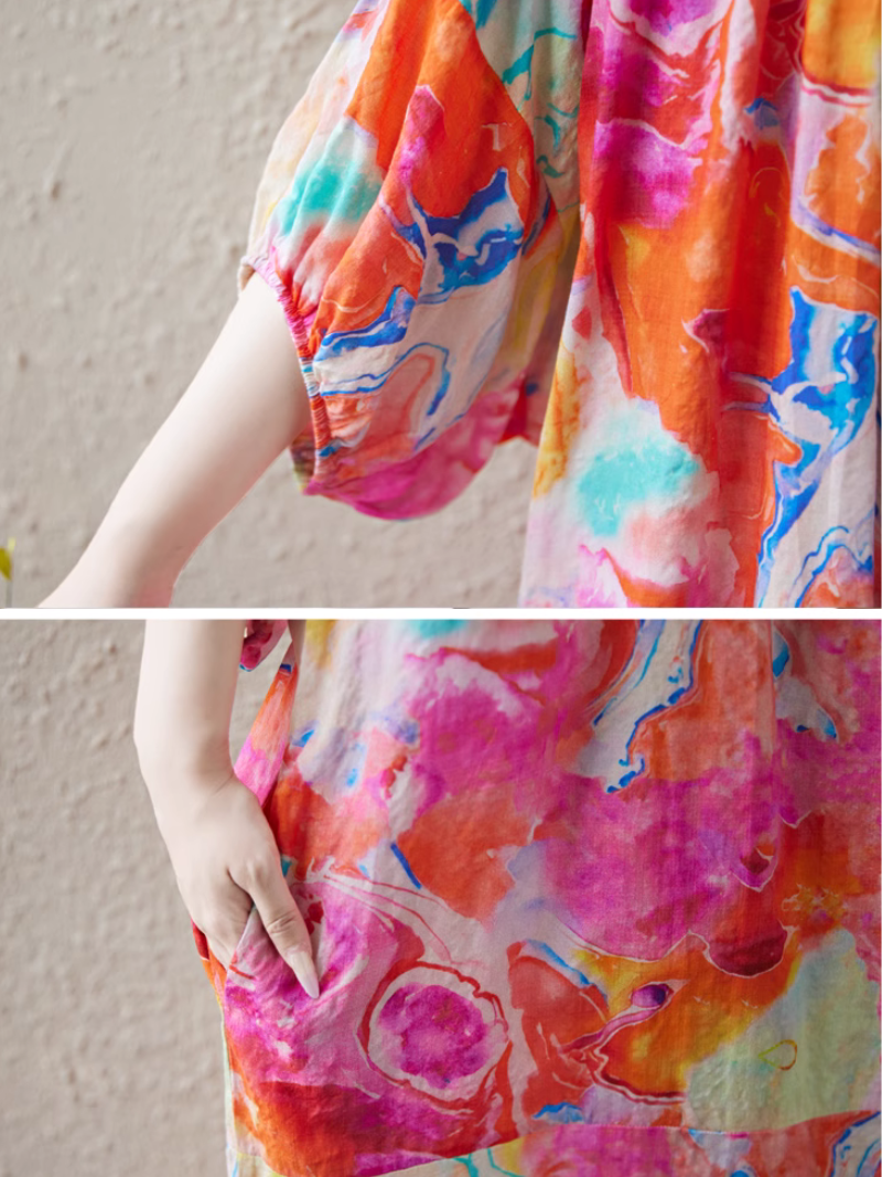 Women's Retro Elastic Summer Printed A-line Kaftan Dress