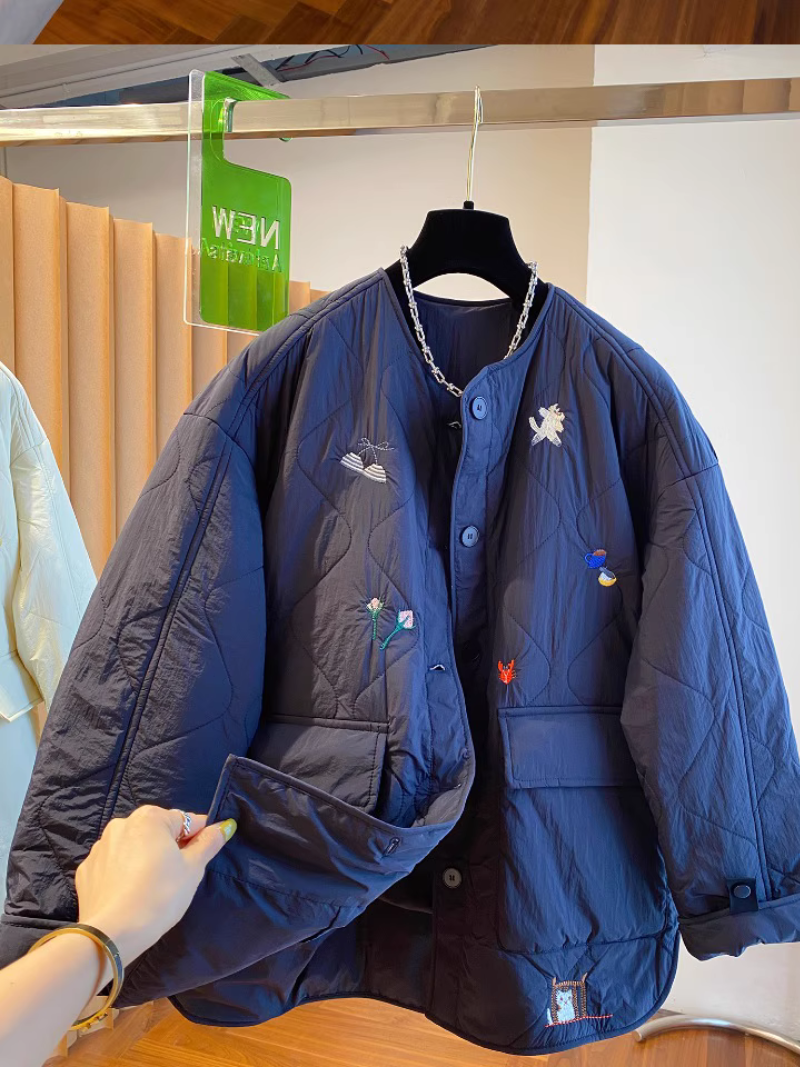 Chic Quilted Jacket, Embroidered Oversized Silhouette with Patch Pockets, Cotton-Poly