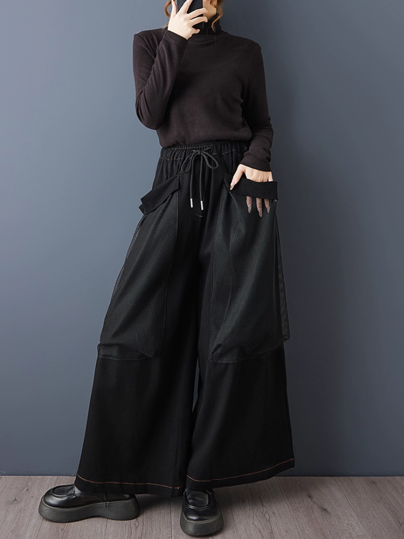 Avant-Garde Mesh Overlay Wide-Leg Denim Pants with Drawstring, High-Rise Waist