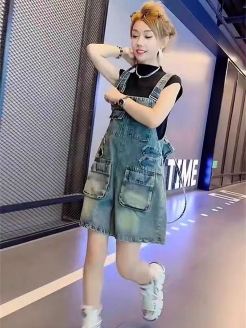 Women's Summer Stylish & Baggy Loose Jeans Overalls Short Dungaree