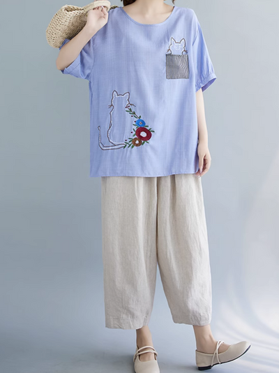 Women's Summer Embroidery & Cat Style T-Shirt Top