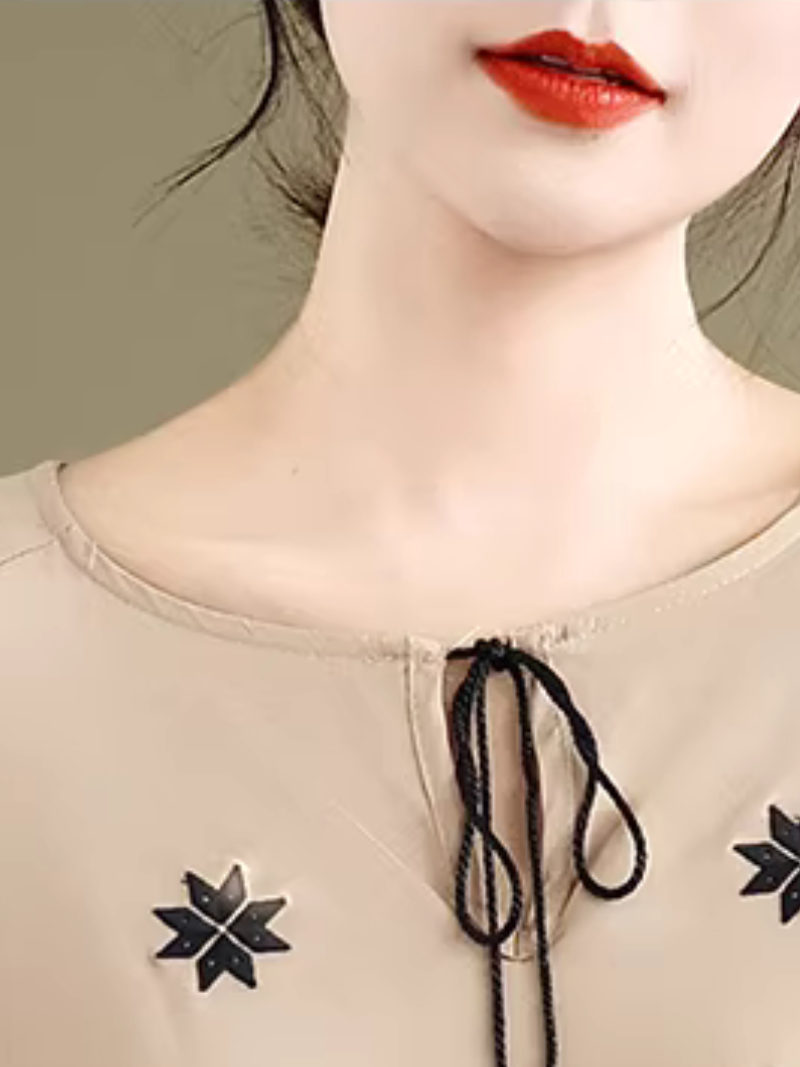 Embroidered Cotton-Linen Boho Maxi Dress with Tassel Tie Neck Detail