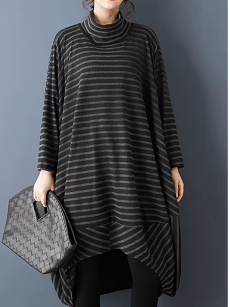 Chic Oversized Striped Cowl-Neck Tunic Dress in Cotton Knitted Fabric