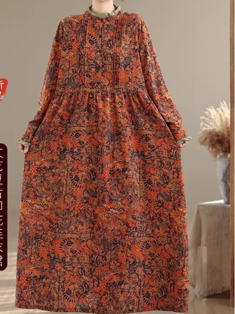Artful Floral Cotton Boho Maxi Dress with Pintucks and Long Sleeves