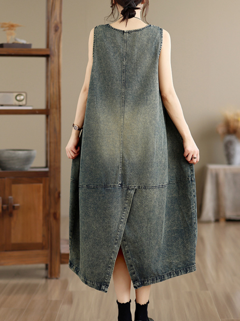 Artisan Denim Cotton Pinafore Midi Dress with Sculpted Pockets