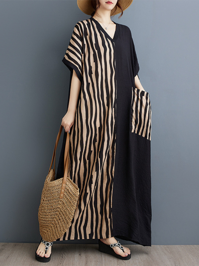 Women's Summer Button-Up Front Large Pockets Kaftan Dress