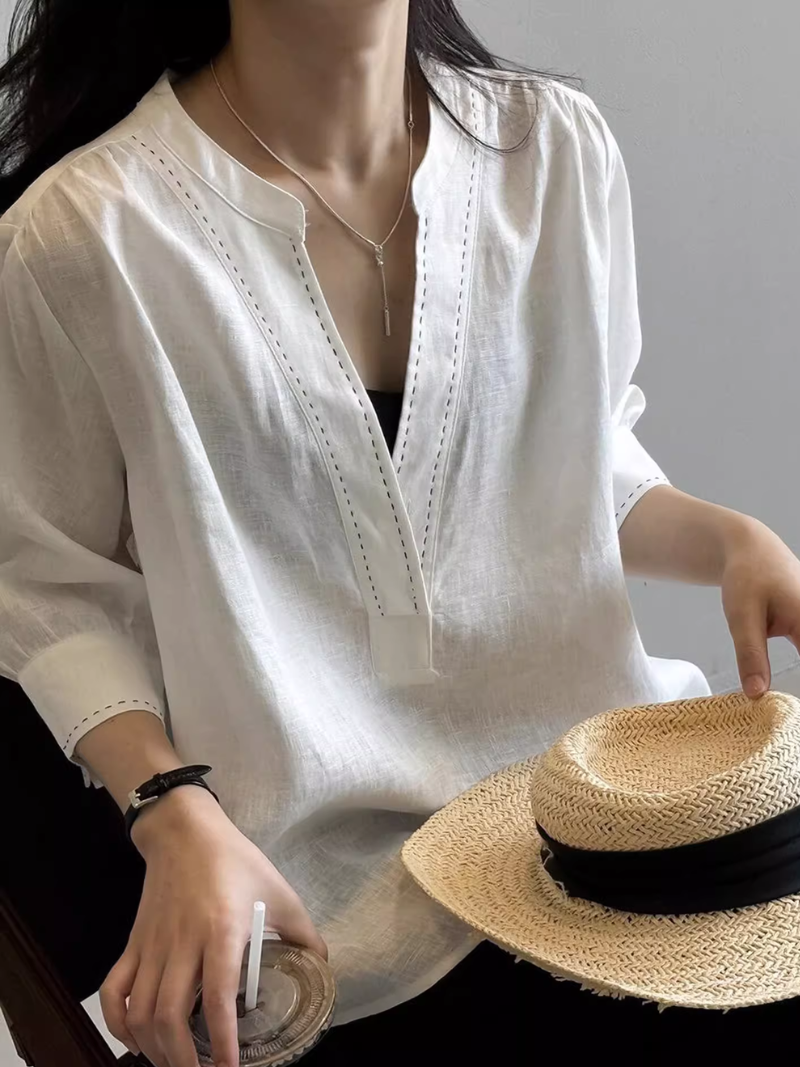 Elegant Notched-Neck Cotton Linen Blouse, 3/4 Sleeve Summer Top for Effortless Days