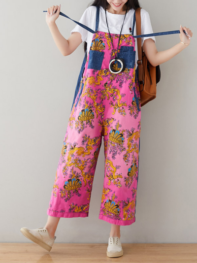 Women's Comfortable Printed Front and Back Pockets Dungarees