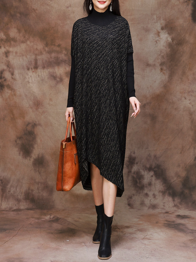 Plus Size Knitted Loose Bat Sleeve Stripe Midi Dress for Women