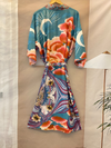 Partywear Floral With Moon Print Green Color Silk Long Length Gown Kimono Duster Robe