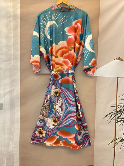 Partywear Floral With Moon Print Green Color Silk Long Length Gown Kimono Duster Robe