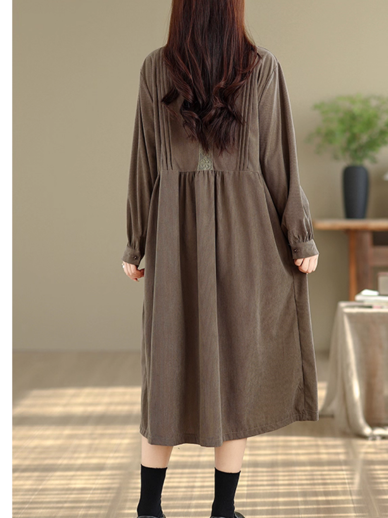 Vintage corduroy dress with stand collar and buttons, artful everyday ease