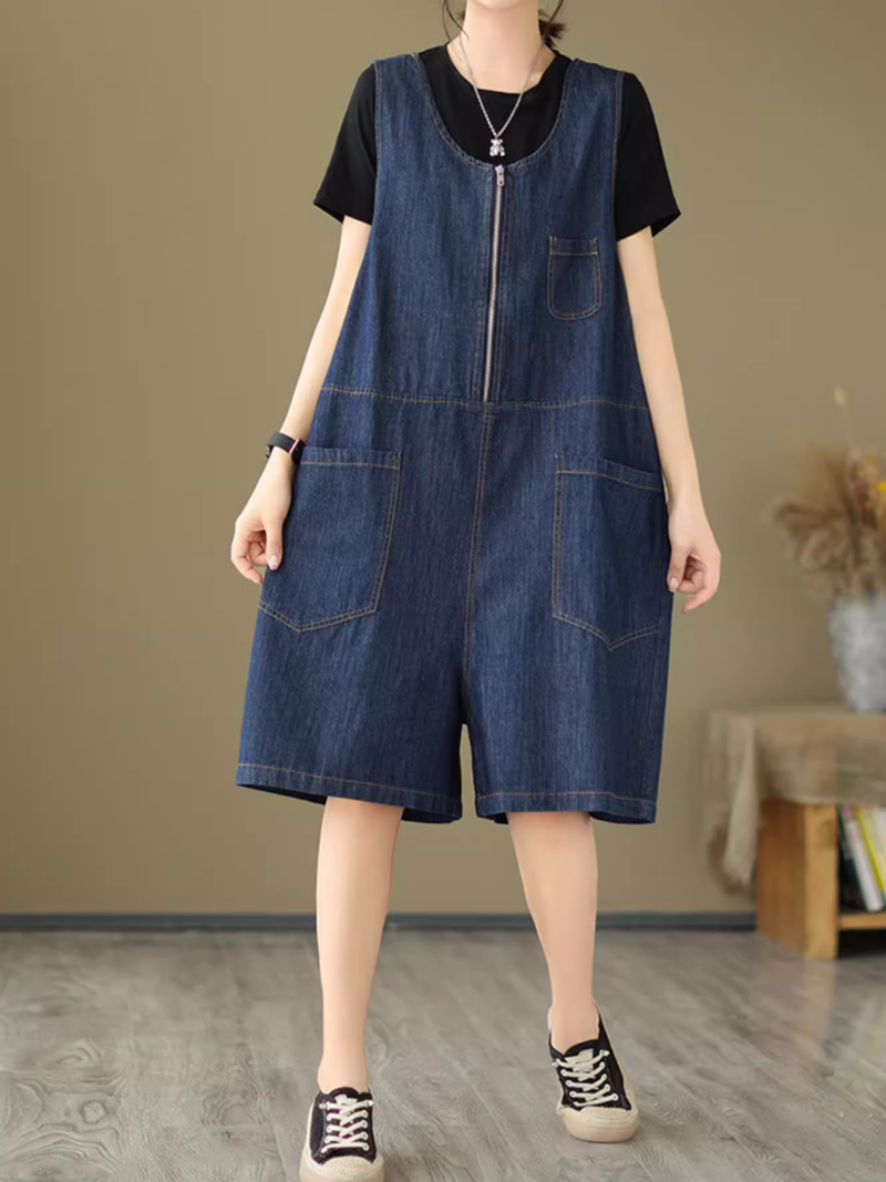 Women's Looose Fit Denim Dungaree Shorts with Zip Front
