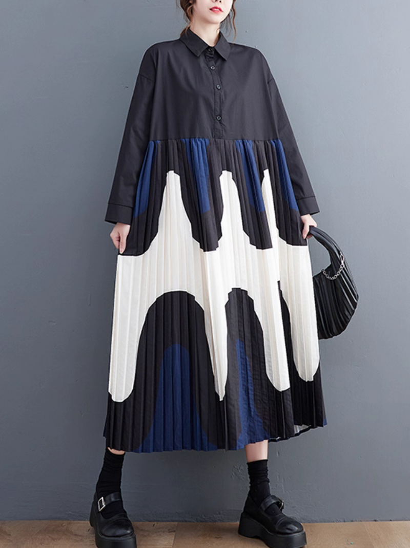 Abstract Pleated Shirt Dress Maxi with Collar, Artful Movement and Poise