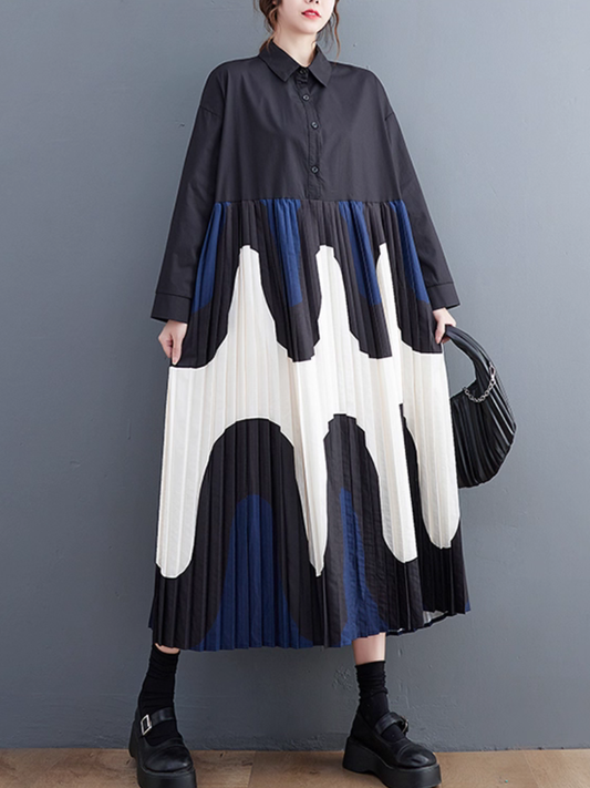 Abstract Pleated Shirt Dress Maxi with Collar, Artful Movement and Poise