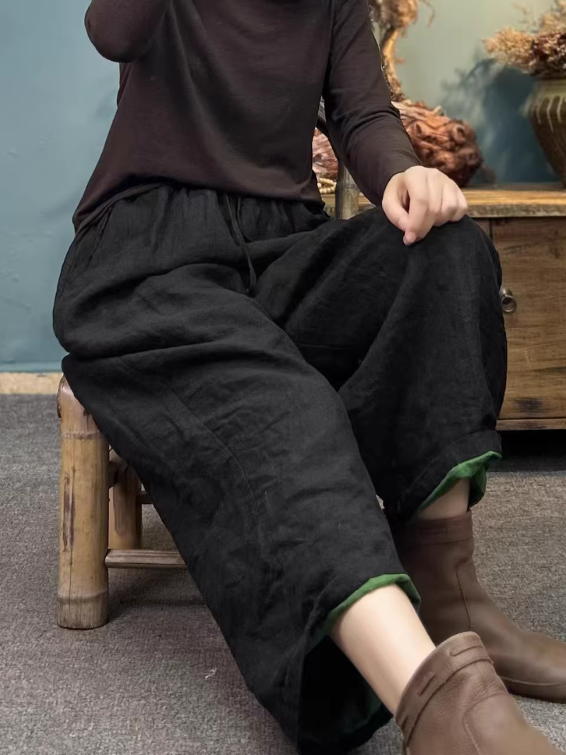 Relaxed Cotton Linen Pants with Tapered Cuffs, Artisanal Women's Trousers