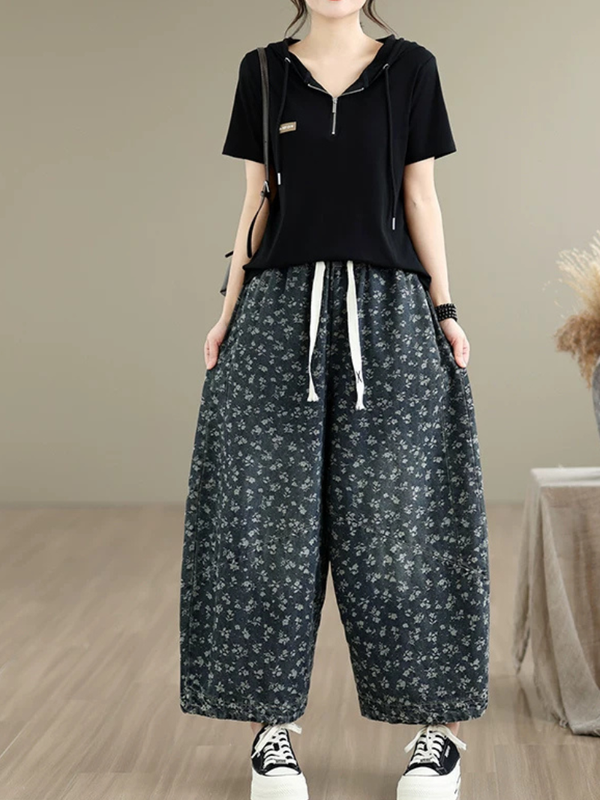 Floral Denim Cotton Wide-Leg Culottes with Tassel Drawstring Women's Pants