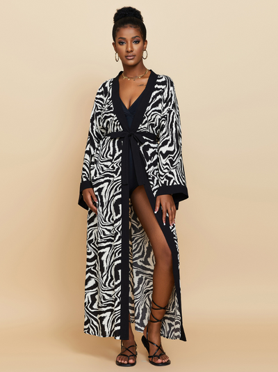 Women's Blck And White Zebra Kimono Jacket