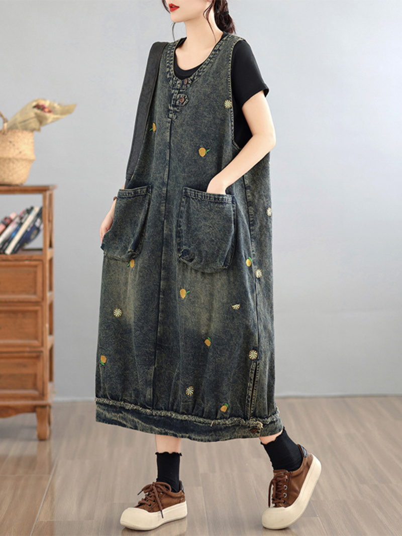 Everyday Ease Denim Dress — Artful Embroidery, Effortless Fit and Pockets