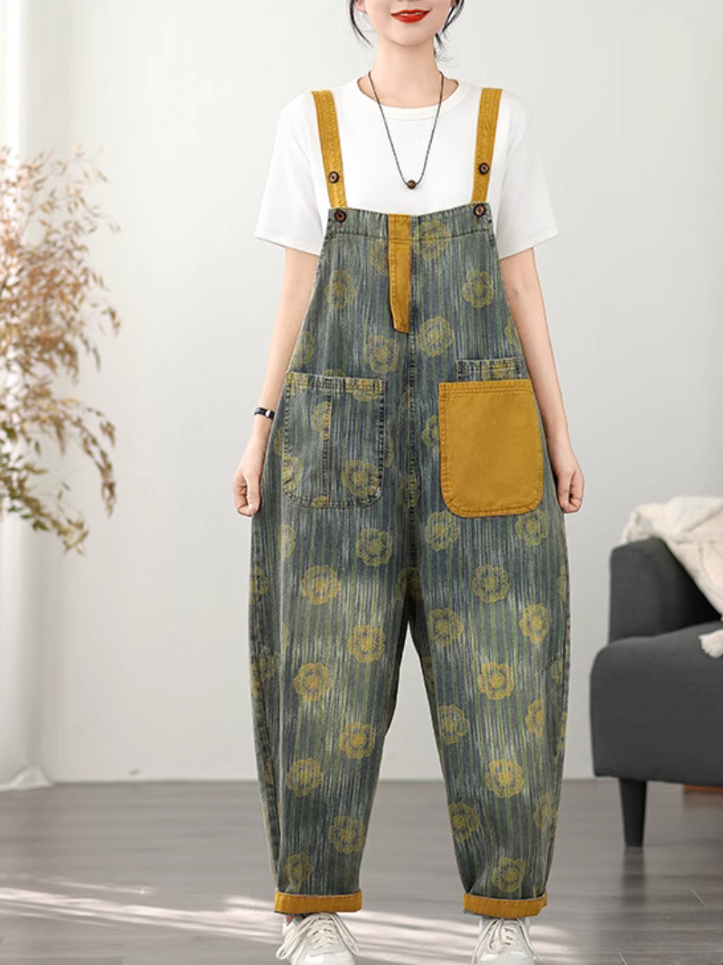 A woman wearing vintage-inspired printed dungarees 