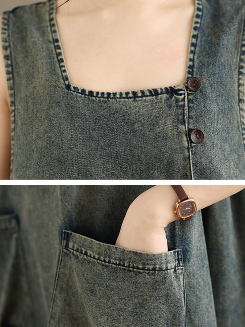 Artisan Denim Cotton Pinafore Midi Dress with Sculpted Pockets
