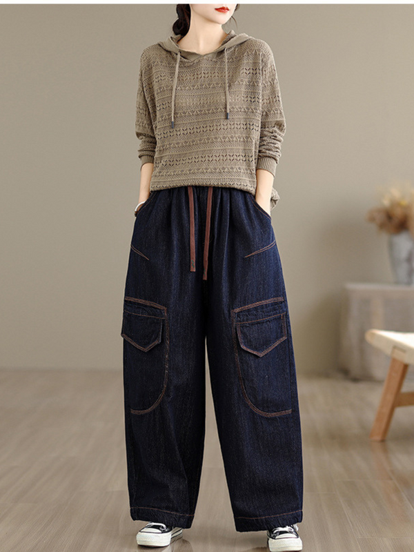Artful Wide-Leg Denim Pants with Oversized Pockets and Drawstring Waist