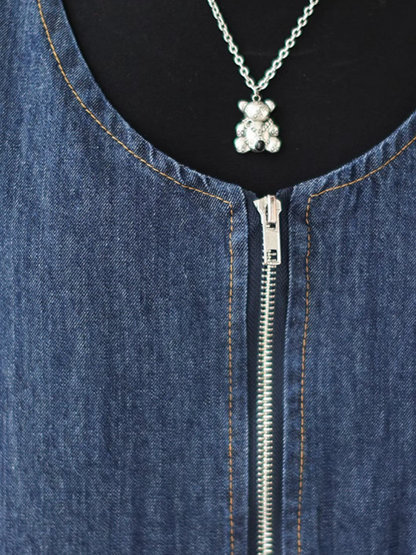 Women's Looose Fit Denim Dungaree Shorts with Zip Front