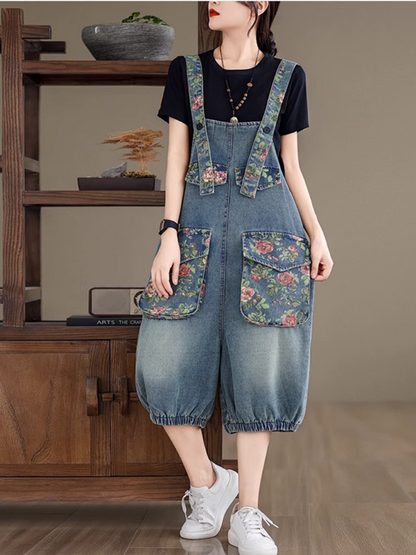 Loose Fit Rose Print Denim Dungarees with Elastic Hem