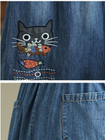 Playful Embroidered A-Line Denim Skirt with Drawstring Waist, Chic Midi