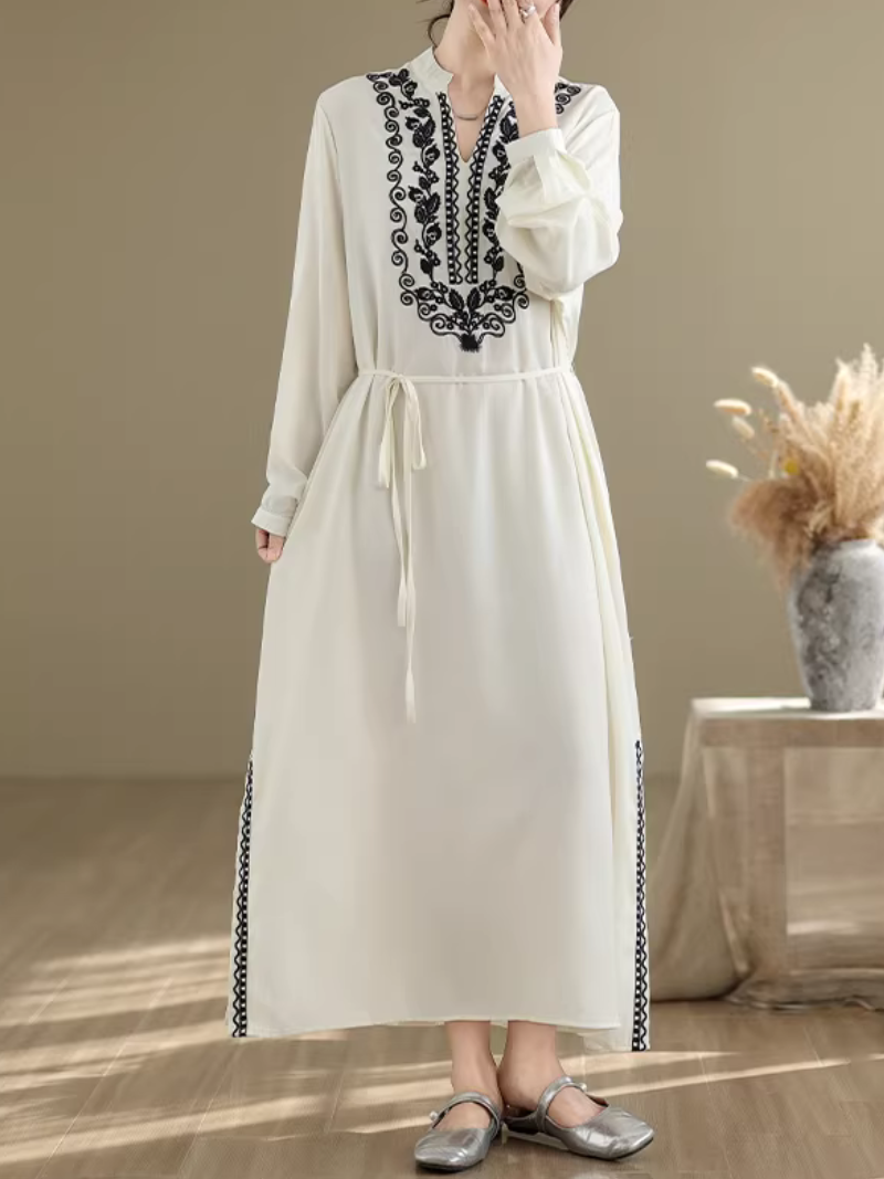 linen kaftan maxi dress White Linen Kaftan Maxi Dress, Long Sleeve Temple Dress With Pockets
