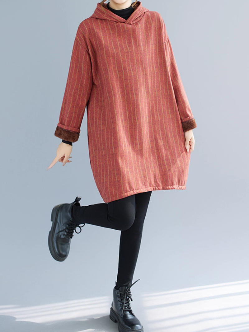 Striped Cotton Hooded Tunic Dress, Relaxed Oversized Minimal Weekend Chic