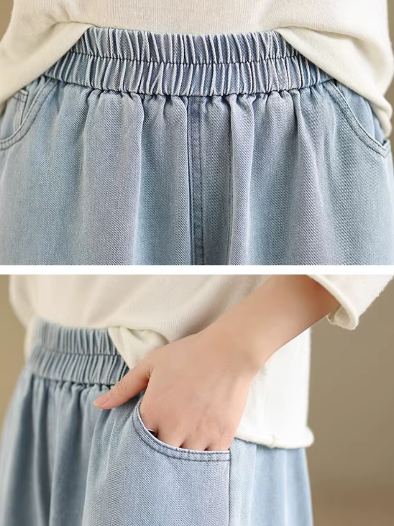 Artful Appliqué Wide-Leg Denim Cotton Pants, Relaxed High-Waist Jeans