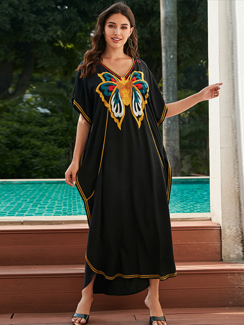 Réconfort des femmes et élégance Broidered Holiday Loose Kaftan Robe