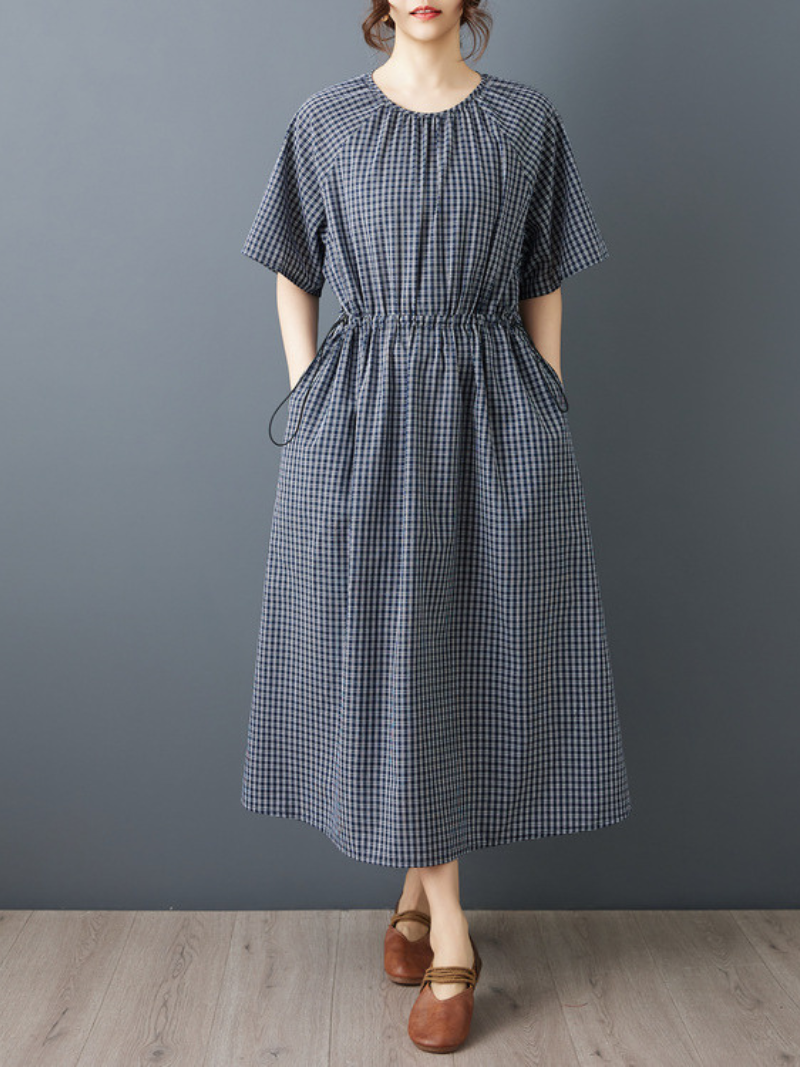 Gingham Midi Dress with Drawstring Waist in Cotton Blend Fabric
