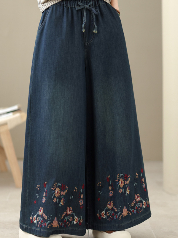 Embroidered Wide-Leg Denim Cotton Palazzo Pants with Elastic Drawstring Waist