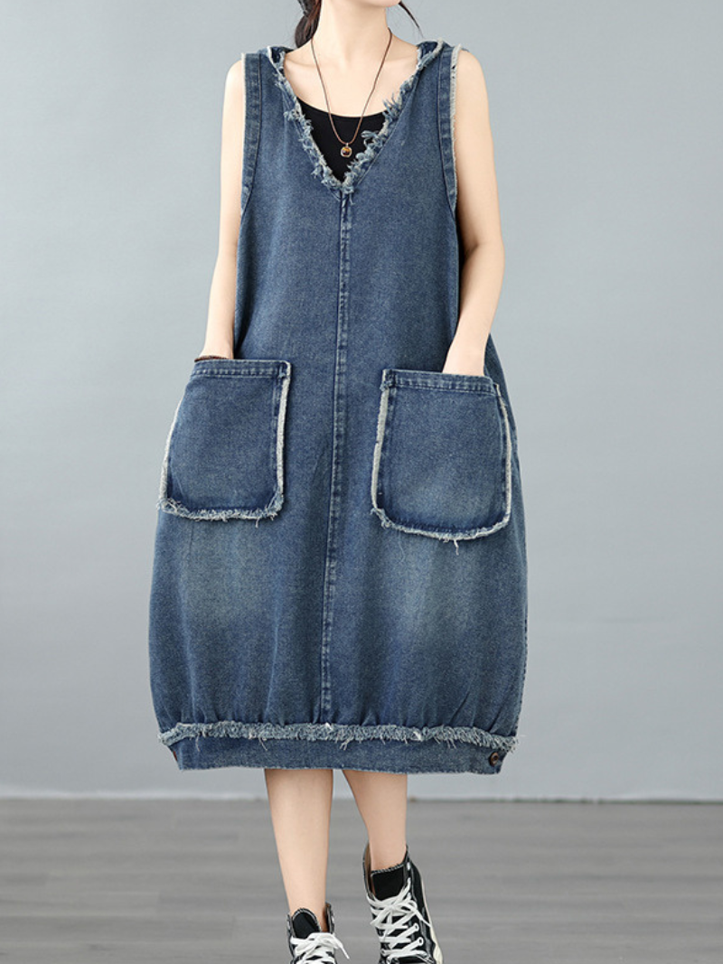 Frayed-Edge Denim Cotton Pinafore Dress with Oversized Pockets, Effortless Chic