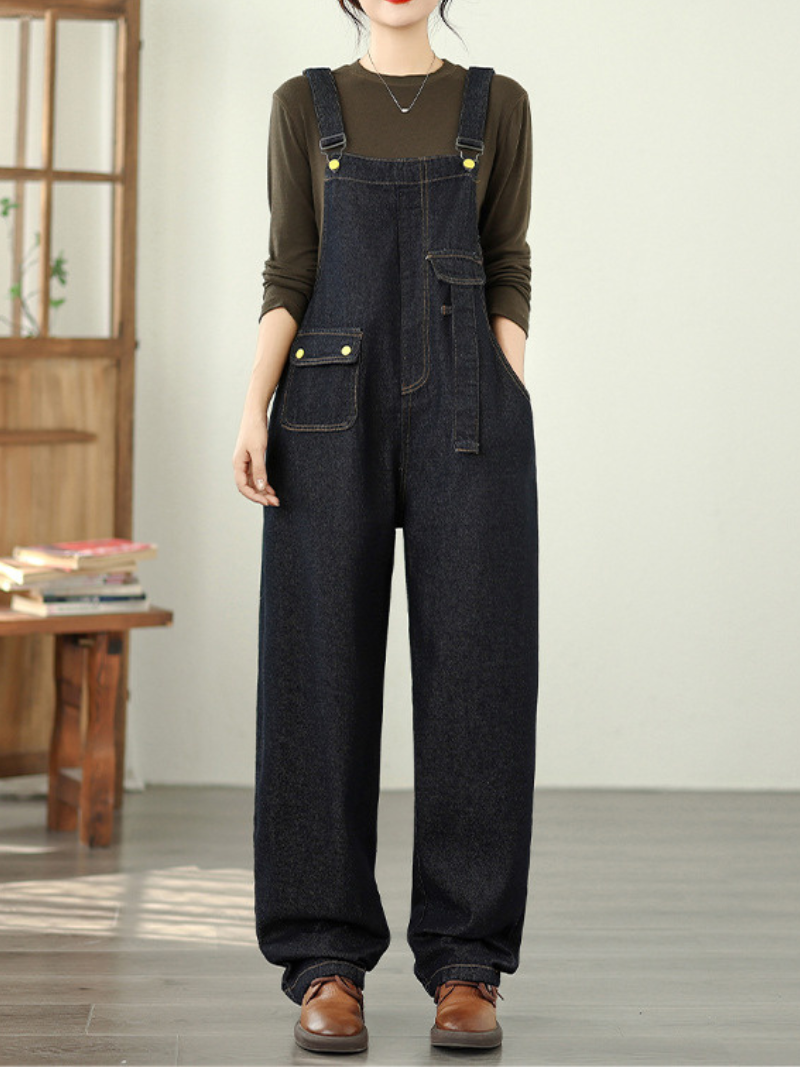Relaxed Wide-Leg Denim Overalls in Cotton with Utility Pockets, Effortless Chic
