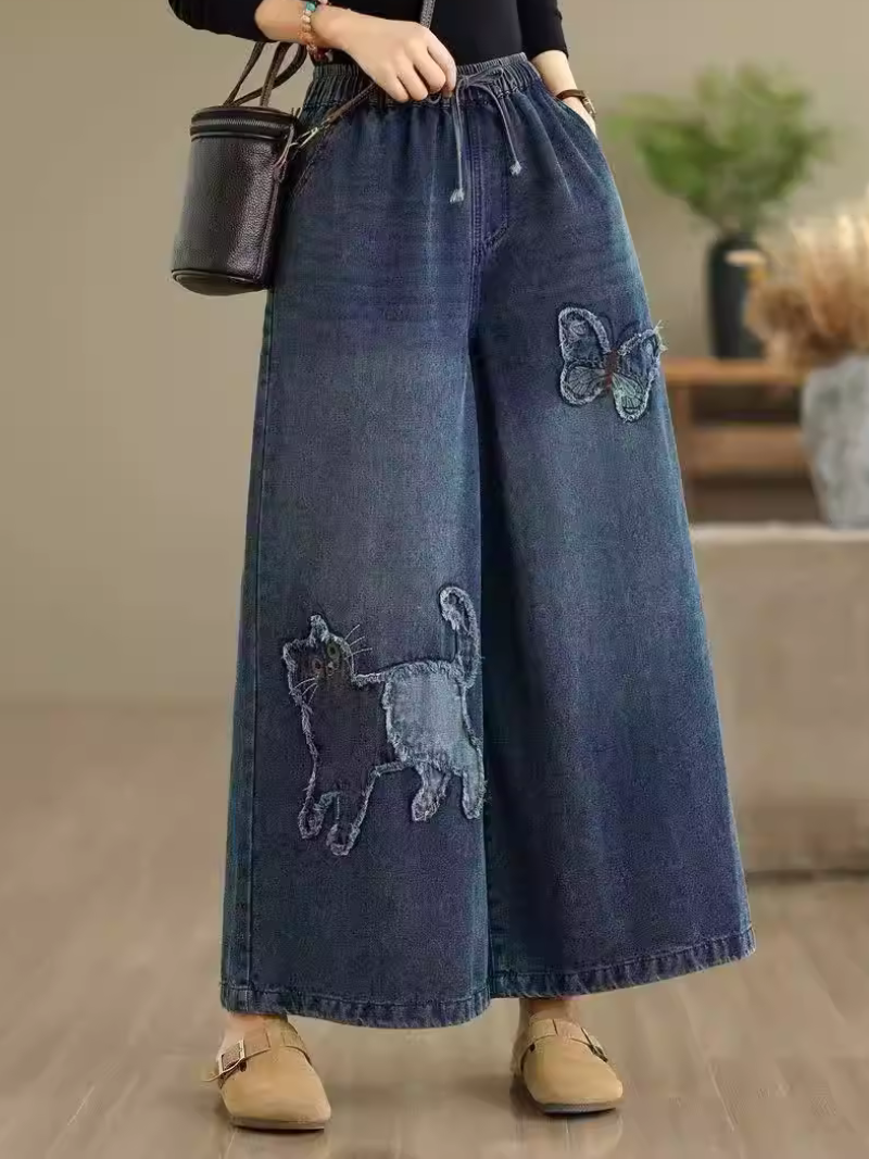 Artisanal Denim Cotton Culottes with Drawstring Waist and Whimsical Appliqué