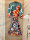 Partywear Floral With Moon Print Green Color Silk Long Length Gown Kimono Duster Robe