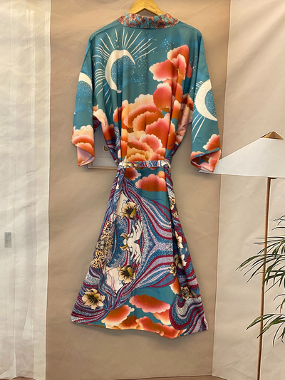 Partywear Floral With Moon Print Green Color Silk Long Length Gown Kimono Duster Robe