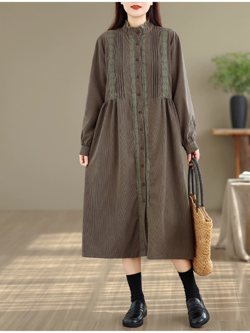 Vintage corduroy dress with stand collar and buttons, artful everyday ease