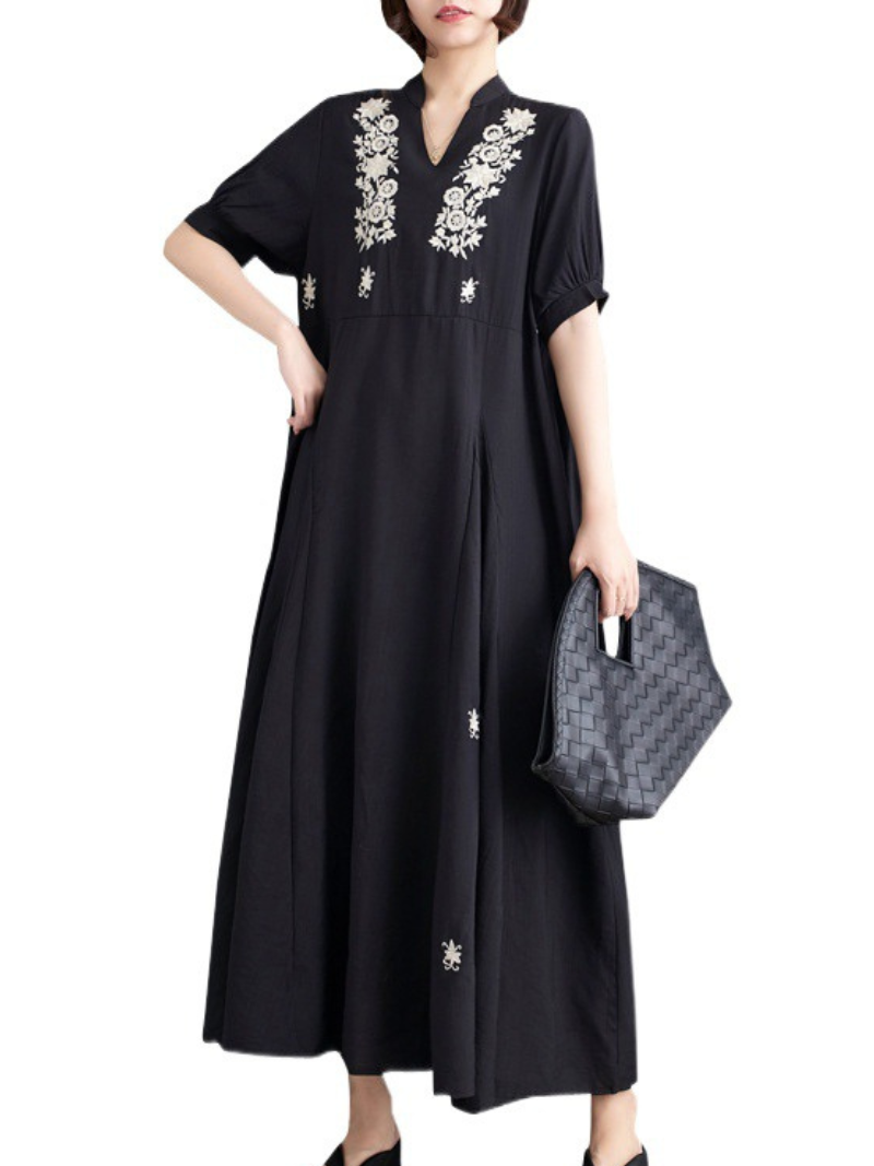 Women's Flower Embroidered Trumpet Sleeves A-Line Dress