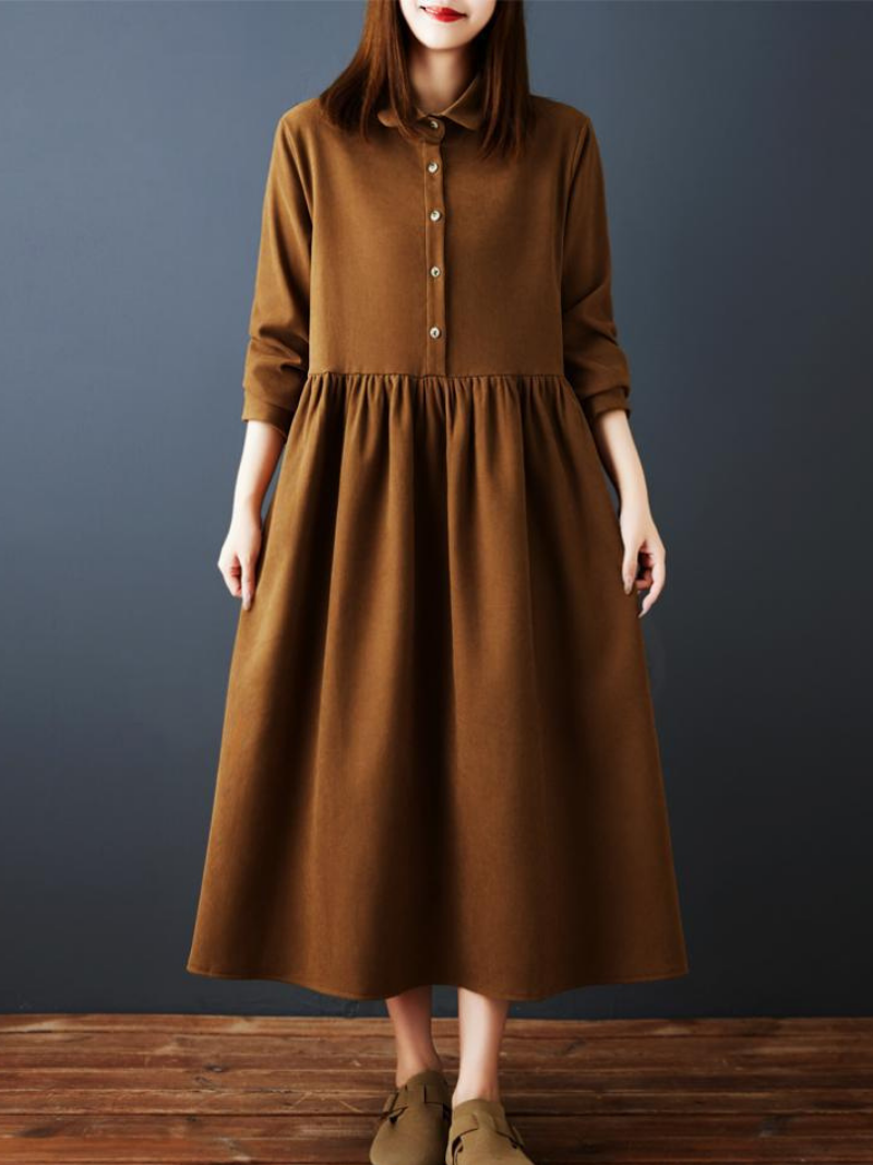 Elegant A-Line Shirt Dress with Gathered Skirt, Spandex Comfort Midi