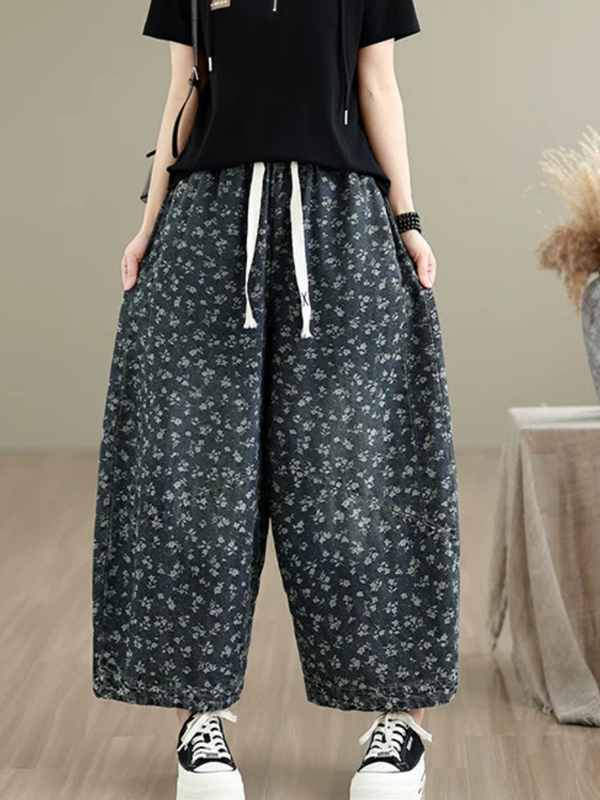 Floral Denim Cotton Wide-Leg Culottes with Tassel Drawstring Women's Pants