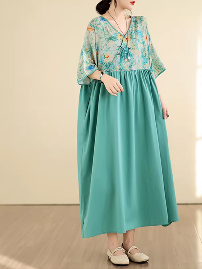 Artful Floral-Bodice V-Neck Maxi Dress in Breezy Viscose Blend Eleganc Eva Trends Artful Floral-Bodice V-Neck Maxi Dress in Breezy Viscose Blend Eleganc Eva Trends