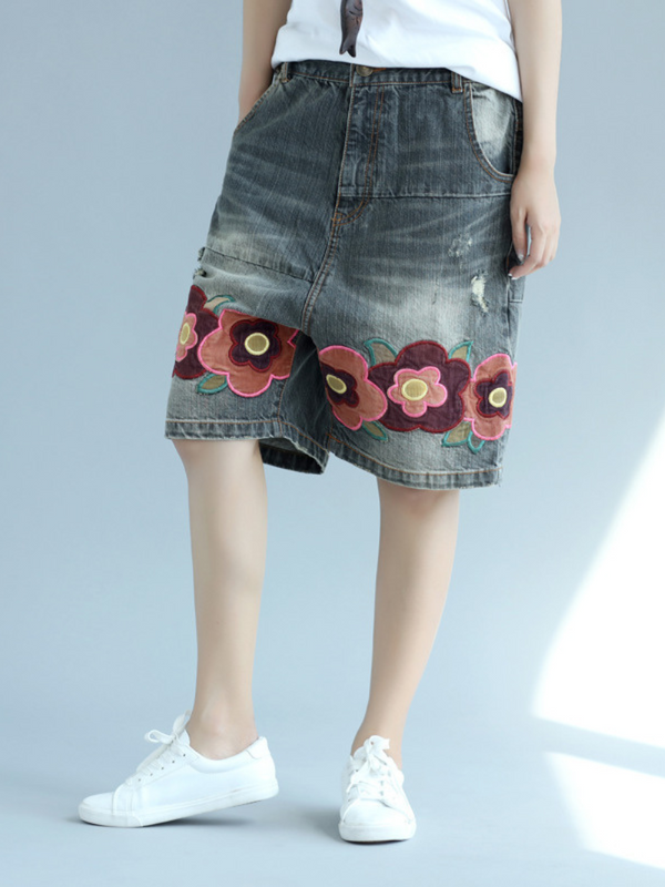 Women's Embroidered Flower Pants Bottom